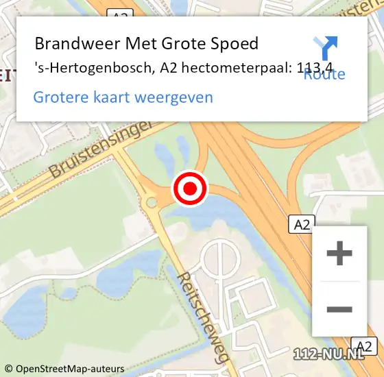 Locatie op kaart van de 112 melding: Brandweer Met Grote Spoed Naar 's-Hertogenbosch, A2 hectometerpaal: 113,4 op 5 oktober 2024 15:31