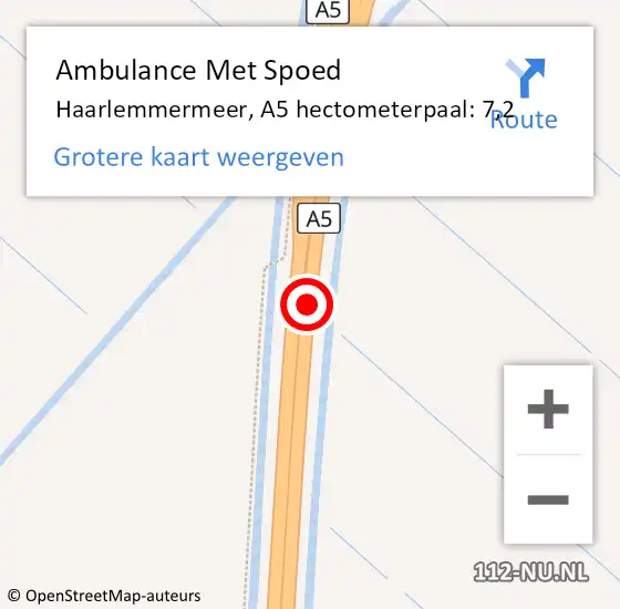 Locatie op kaart van de 112 melding: Ambulance Met Spoed Naar Haarlemmermeer, A5 hectometerpaal: 7,2 op 5 oktober 2024 16:23