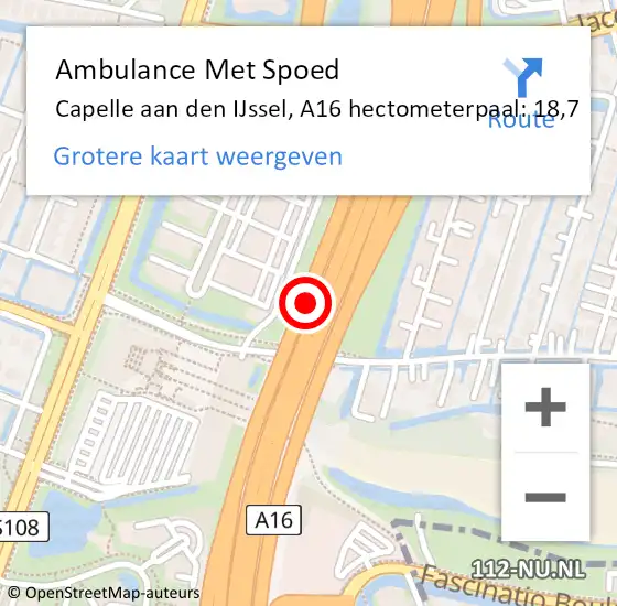 Locatie op kaart van de 112 melding: Ambulance Met Spoed Naar Capelle aan den IJssel, A16 hectometerpaal: 18,7 op 5 oktober 2024 16:43