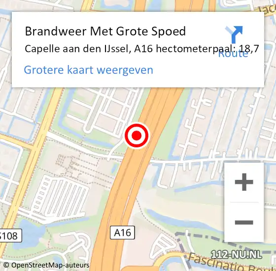 Locatie op kaart van de 112 melding: Brandweer Met Grote Spoed Naar Capelle aan den IJssel, A16 hectometerpaal: 18,7 op 5 oktober 2024 16:43