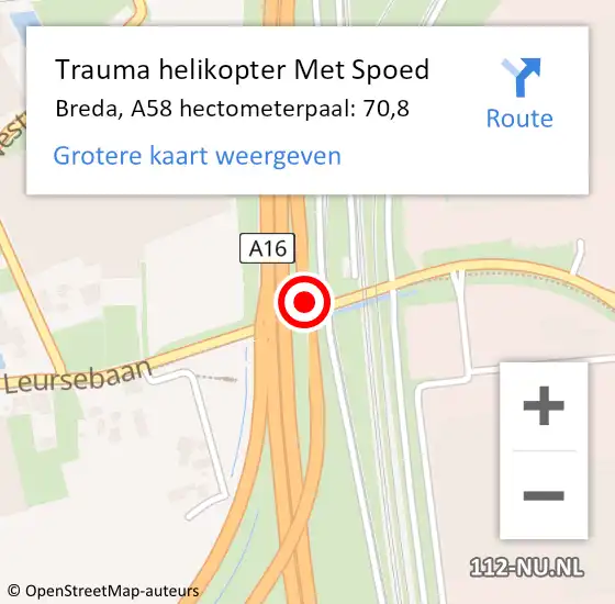 Locatie op kaart van de 112 melding: Trauma helikopter Met Spoed Naar Breda, A58 hectometerpaal: 70,8 op 5 oktober 2024 17:05