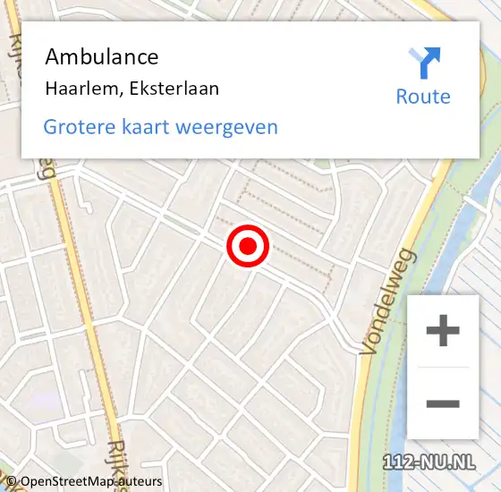 Locatie op kaart van de 112 melding: Ambulance Haarlem, Eksterlaan op 5 oktober 2024 19:23