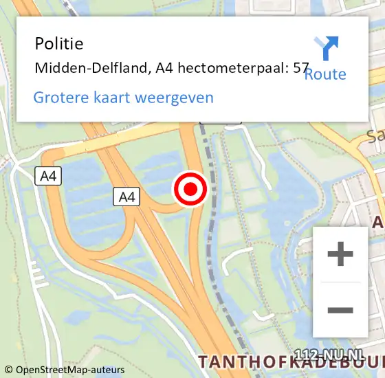 Locatie op kaart van de 112 melding: Politie Midden-Delfland, A4 hectometerpaal: 57 op 5 oktober 2024 19:24