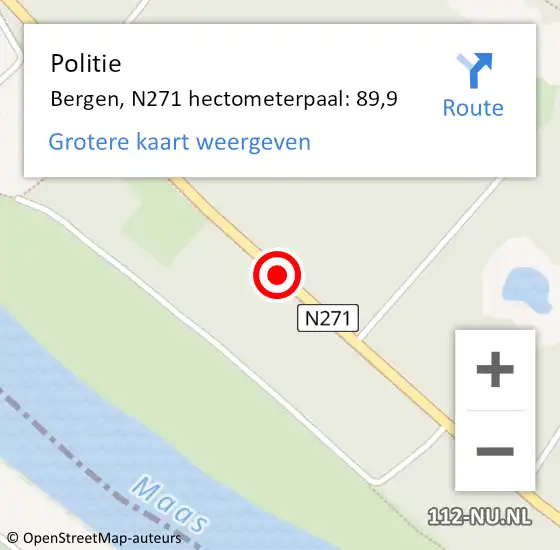 Locatie op kaart van de 112 melding: Politie Bergen, N271 hectometerpaal: 89,9 op 5 oktober 2024 19:25