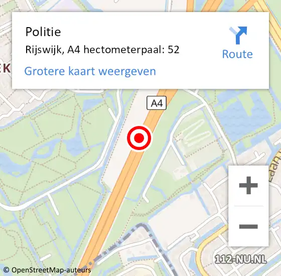 Locatie op kaart van de 112 melding: Politie Rijswijk, A4 hectometerpaal: 52 op 5 oktober 2024 19:43