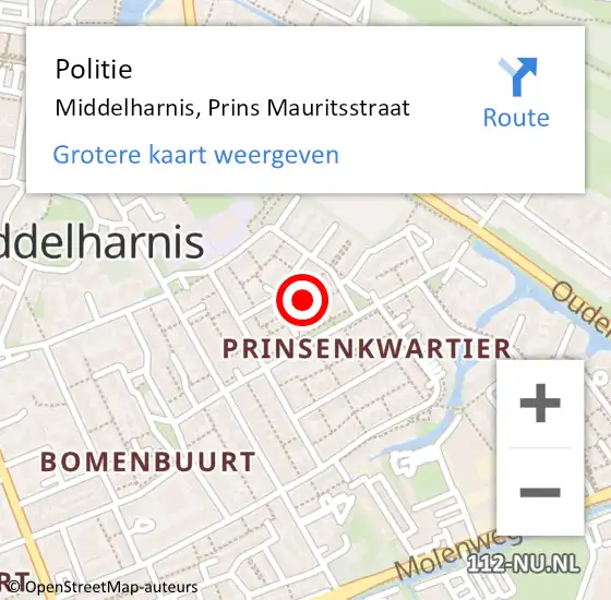 Locatie op kaart van de 112 melding: Politie Middelharnis, Prins Mauritsstraat op 5 oktober 2024 20:47