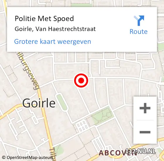 Locatie op kaart van de 112 melding: Politie Met Spoed Naar Goirle, Van Haestrechtstraat op 5 oktober 2024 21:04