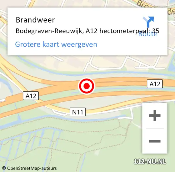 Locatie op kaart van de 112 melding: Brandweer Bodegraven-Reeuwijk, A12 hectometerpaal: 35 op 5 oktober 2024 21:19