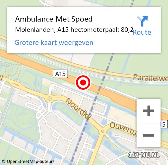 Locatie op kaart van de 112 melding: Ambulance Met Spoed Naar Molenlanden, A15 hectometerpaal: 80,2 op 6 oktober 2024 00:34