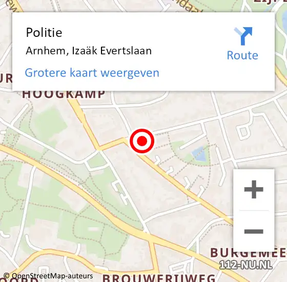 Locatie op kaart van de 112 melding: Politie Arnhem, Izaäk Evertslaan op 6 oktober 2024 03:18