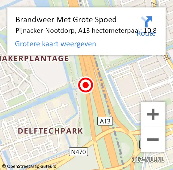 Locatie op kaart van de 112 melding: Brandweer Met Grote Spoed Naar Pijnacker-Nootdorp, A13 hectometerpaal: 10,8 op 6 oktober 2024 04:03