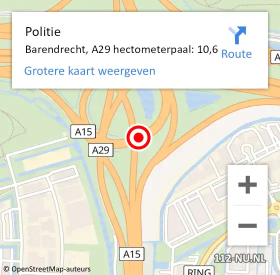 Locatie op kaart van de 112 melding: Politie Barendrecht, A29 hectometerpaal: 10,6 op 6 oktober 2024 08:32