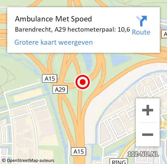 Locatie op kaart van de 112 melding: Ambulance Met Spoed Naar Barendrecht, A29 hectometerpaal: 10,6 op 6 oktober 2024 08:36