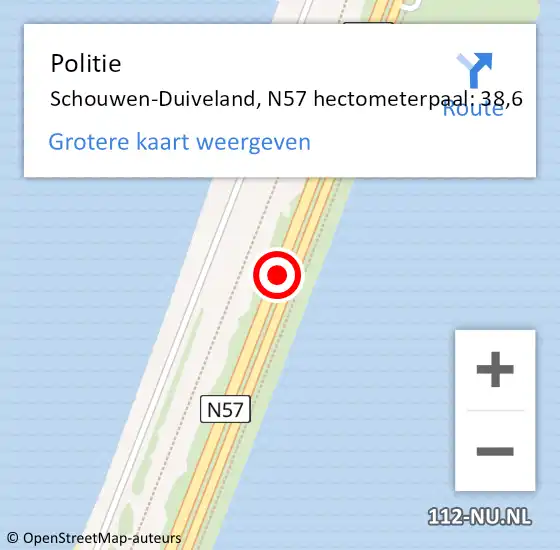 Locatie op kaart van de 112 melding: Politie Schouwen-Duiveland, N57 hectometerpaal: 38,6 op 6 oktober 2024 10:00