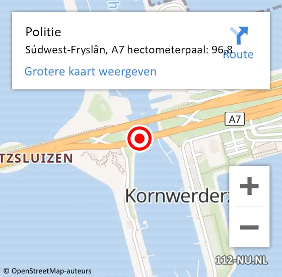 Locatie op kaart van de 112 melding: Politie Súdwest-Fryslân, A7 hectometerpaal: 96,8 op 6 oktober 2024 11:36