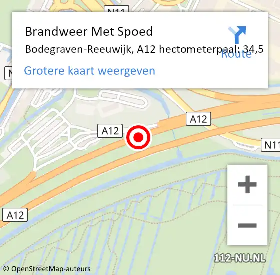 Locatie op kaart van de 112 melding: Brandweer Met Spoed Naar Bodegraven-Reeuwijk, A12 hectometerpaal: 34,5 op 6 oktober 2024 12:05