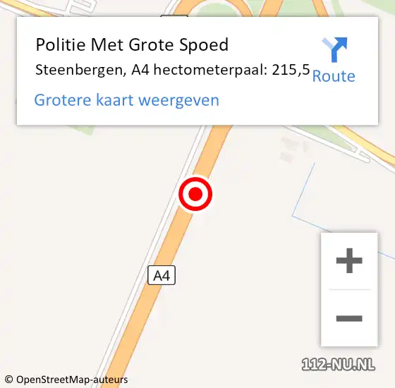 Locatie op kaart van de 112 melding: Politie Met Grote Spoed Naar Steenbergen, A4 hectometerpaal: 215,5 op 6 oktober 2024 12:17