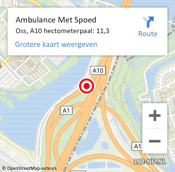 Locatie op kaart van de 112 melding: Ambulance Met Spoed Naar Oss, A10 hectometerpaal: 11,3 op 6 oktober 2024 14:02