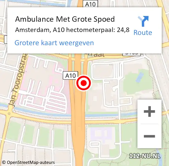 Locatie op kaart van de 112 melding: Ambulance Met Grote Spoed Naar Amsterdam, A10 hectometerpaal: 24,8 op 6 oktober 2024 15:11