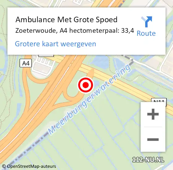 Locatie op kaart van de 112 melding: Ambulance Met Grote Spoed Naar Zoeterwoude, A4 hectometerpaal: 33,4 op 6 oktober 2024 17:23