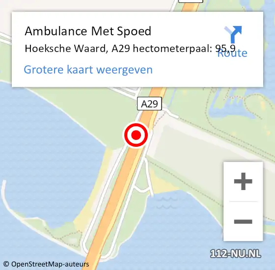 Locatie op kaart van de 112 melding: Ambulance Met Spoed Naar Hoeksche Waard, A29 hectometerpaal: 95,9 op 6 oktober 2024 17:31