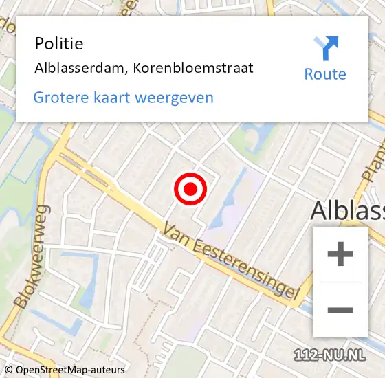 Locatie op kaart van de 112 melding: Politie Alblasserdam, Korenbloemstraat op 6 oktober 2024 17:47