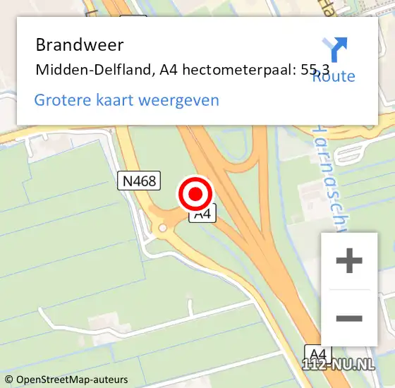 Locatie op kaart van de 112 melding: Brandweer Midden-Delfland, A4 hectometerpaal: 55,3 op 6 oktober 2024 18:28