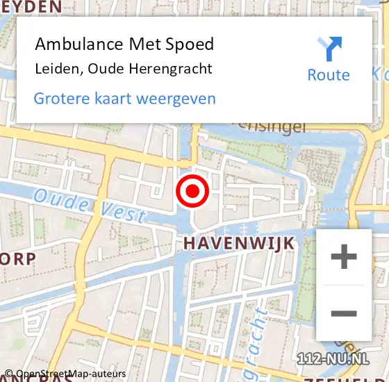 Locatie op kaart van de 112 melding: Ambulance Met Spoed Naar Leiden, Oude Herengracht op 6 oktober 2024 21:00