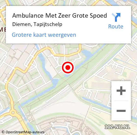 Locatie op kaart van de 112 melding: Ambulance Met Zeer Grote Spoed Naar Diemen, Tapijtschelp op 7 oktober 2024 00:21