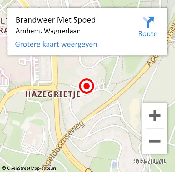 Locatie op kaart van de 112 melding: Brandweer Met Spoed Naar Arnhem, Wagnerlaan op 7 oktober 2024 00:21