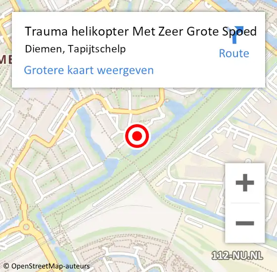 Locatie op kaart van de 112 melding: Trauma helikopter Met Zeer Grote Spoed Naar Diemen, Tapijtschelp op 7 oktober 2024 00:22