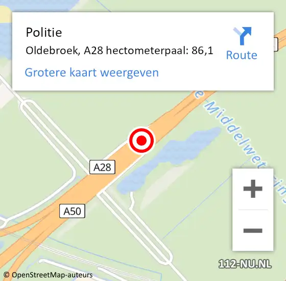 Locatie op kaart van de 112 melding: Politie Oldebroek, A28 hectometerpaal: 86,1 op 7 oktober 2024 01:51