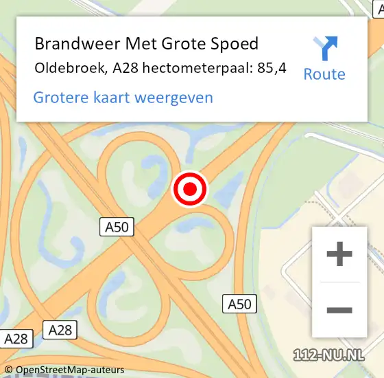 Locatie op kaart van de 112 melding: Brandweer Met Grote Spoed Naar Oldebroek, A28 hectometerpaal: 85,4 op 7 oktober 2024 02:04