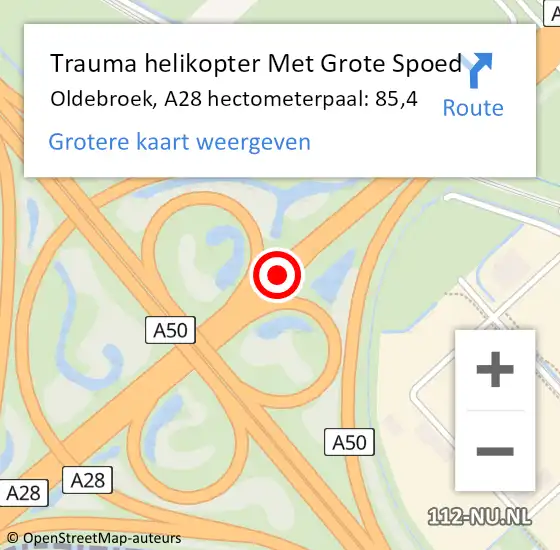 Locatie op kaart van de 112 melding: Trauma helikopter Met Grote Spoed Naar Oldebroek, A28 hectometerpaal: 85,4 op 7 oktober 2024 02:06