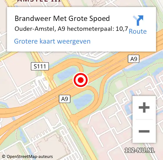 Locatie op kaart van de 112 melding: Brandweer Met Grote Spoed Naar Ouder-Amstel, A9 hectometerpaal: 10,7 op 7 oktober 2024 06:21