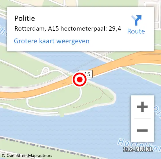 Locatie op kaart van de 112 melding: Politie Rotterdam, A15 hectometerpaal: 29,4 op 7 oktober 2024 06:45