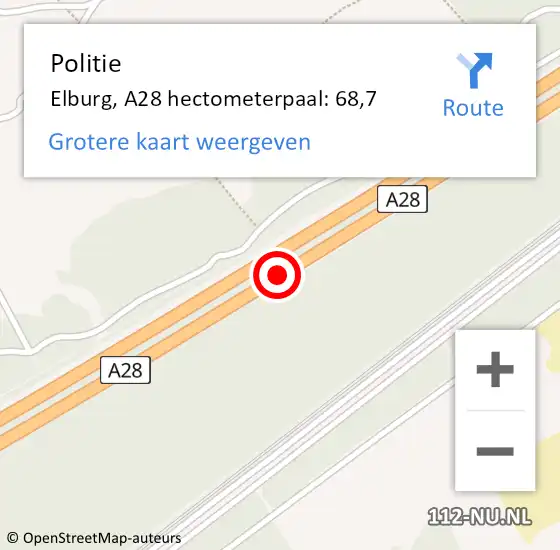 Locatie op kaart van de 112 melding: Politie Elburg, A28 hectometerpaal: 68,7 op 7 oktober 2024 06:56