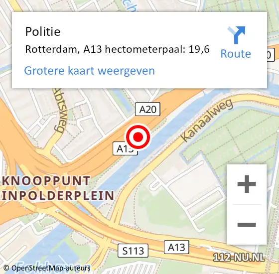 Locatie op kaart van de 112 melding: Politie Rotterdam, A13 hectometerpaal: 19,6 op 7 oktober 2024 07:18