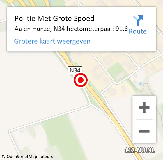 Locatie op kaart van de 112 melding: Politie Met Grote Spoed Naar Aa en Hunze, N34 hectometerpaal: 91,6 op 7 oktober 2024 07:36