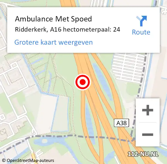 Locatie op kaart van de 112 melding: Ambulance Met Spoed Naar Ridderkerk, A16 hectometerpaal: 24 op 7 oktober 2024 07:40