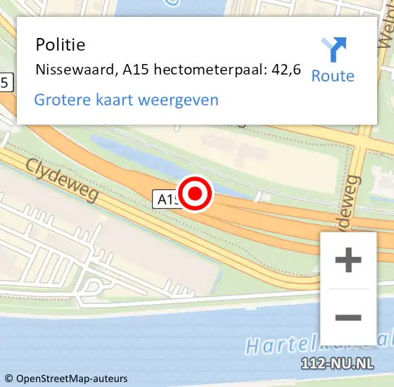 Locatie op kaart van de 112 melding: Politie Nissewaard, A15 hectometerpaal: 42,6 op 7 oktober 2024 07:59