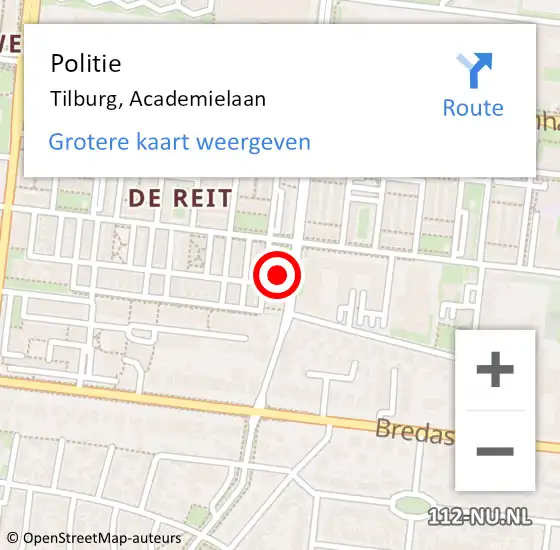 Locatie op kaart van de 112 melding: Politie Tilburg, Academielaan op 7 oktober 2024 08:59