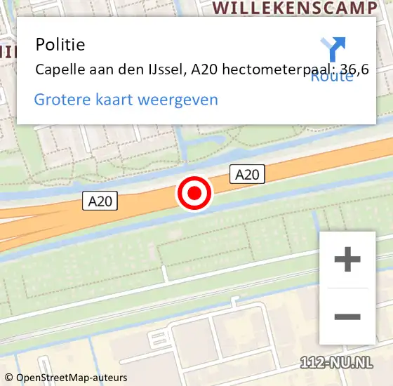 Locatie op kaart van de 112 melding: Politie Capelle aan den IJssel, A20 hectometerpaal: 36,6 op 7 oktober 2024 09:38