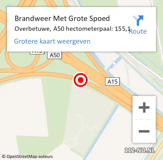 Locatie op kaart van de 112 melding: Brandweer Met Grote Spoed Naar Overbetuwe, A50 hectometerpaal: 155,1 op 7 oktober 2024 10:07