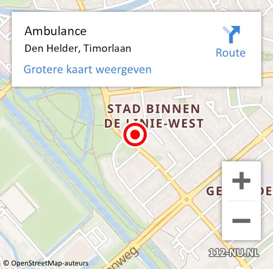 Locatie op kaart van de 112 melding: Ambulance Den Helder, Timorlaan op 7 oktober 2024 10:54