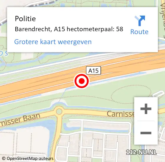 Locatie op kaart van de 112 melding: Politie Barendrecht, A15 hectometerpaal: 58 op 7 oktober 2024 12:00