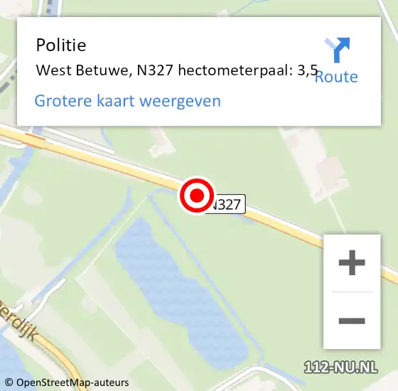 Locatie op kaart van de 112 melding: Politie West Betuwe, N327 hectometerpaal: 3,5 op 7 oktober 2024 13:48