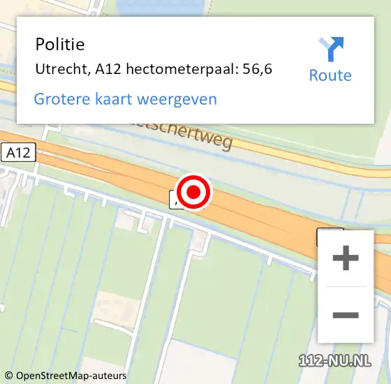 Locatie op kaart van de 112 melding: Politie Utrecht, A12 hectometerpaal: 56,6 op 7 oktober 2024 14:53