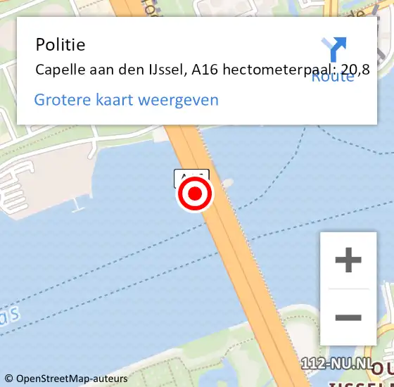 Locatie op kaart van de 112 melding: Politie Capelle aan den IJssel, A16 hectometerpaal: 20,8 op 7 oktober 2024 14:53