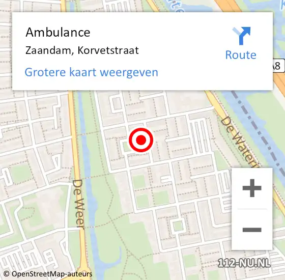 Locatie op kaart van de 112 melding: Ambulance Zaandam, Korvetstraat op 7 oktober 2024 16:39